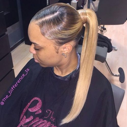 weave ponytail hairstyles for black hair brown to blonde sleek ombre ponytail