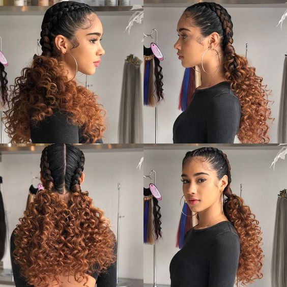 two braids with curls at the end